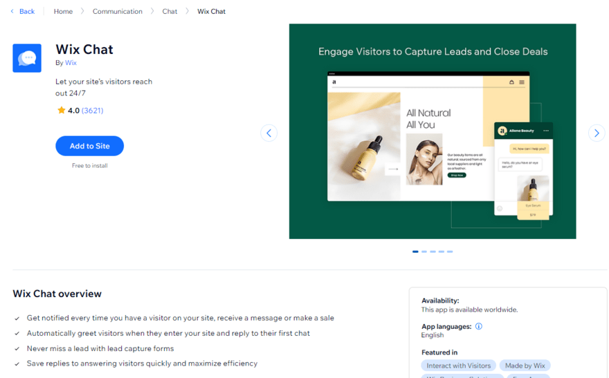 Wix 应用市场页面，显示其 Wix Chat 应用的信息和安装按钮